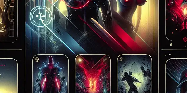 A sleek, modern media app interface featuring a virtual library of vibrant adult film posters in a dark, moody setting.