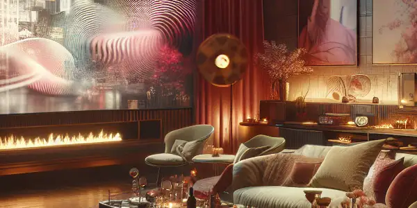 A cozy, stylish room with soft lighting, plush seating, and a large screen displaying abstract visuals.