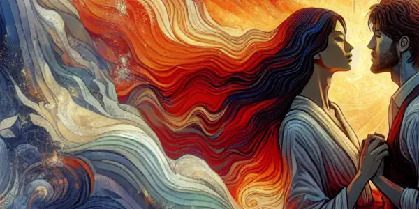 A couple shares a tender moment, expressing longing and desire against a romantic, vividly colored backdrop.