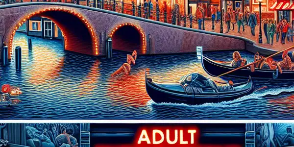 A vibrant nightlife scene showcasing Amsterdam's Red Light District, German film studios, and New Zealand's lush landscapes celebrating adult entertainment culture.