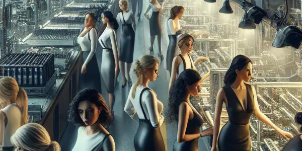 A bustling factory scene featuring diverse female workers engaged in tasks, set against a nighttime cityscape.