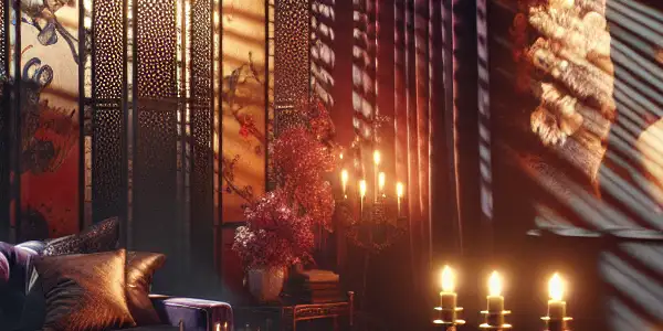 An intimate, dimly lit room with a vintage projector screening romantic scenes, featuring plush furnishings and sensual decor.