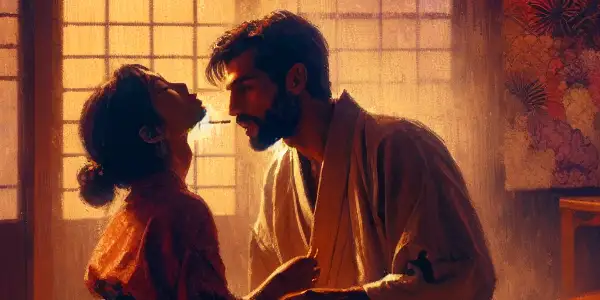 A couple shares an intimate moment in a cozy, softly-lit Japanese room, exuding warmth and vulnerability.