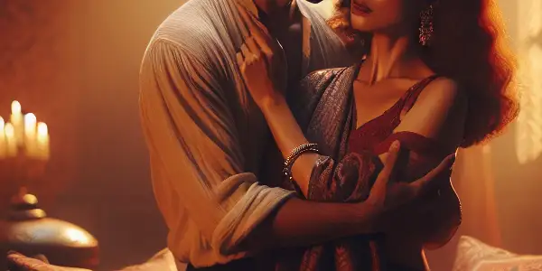 A passionate couple embraces in a softly lit, romantic room, exuding intimacy and desire.