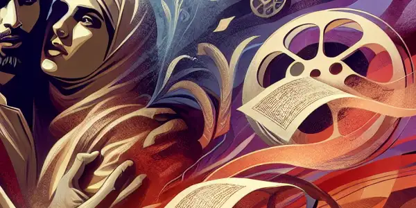 A passionate couple embraces in a surreal setting, surrounded by fluttering book pages and film reel silhouettes.