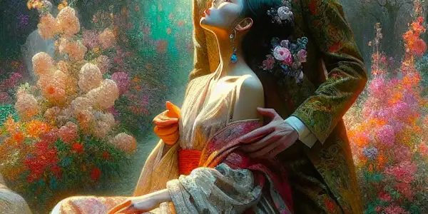 A romantic couple sharing a passionate moment in a lush spring garden filled with blooming flowers.