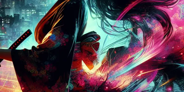 A strong female character in an urban setting, wielding a weapon amidst chaotic action and neon lights.