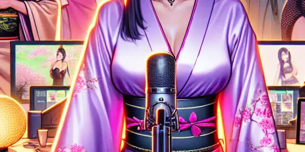 A lively streaming studio featuring diverse female streamers in stylish outfits, embodying adult content and digital interaction.