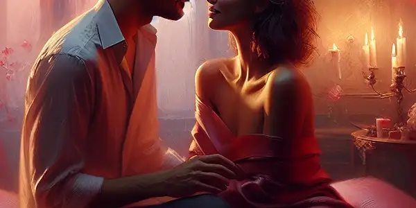 A romantic couple sharing an affectionate gaze in a softly lit, cozy bedroom filled with warmth and intimacy.