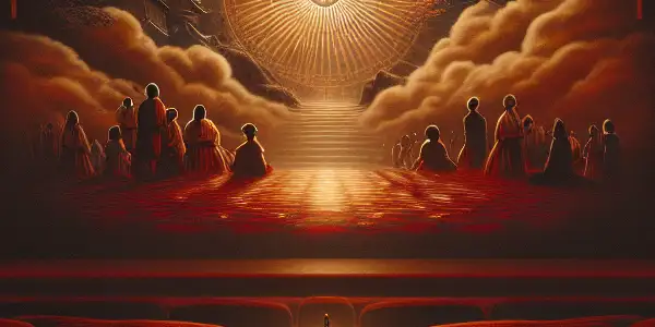 A dimly lit vintage cinema room featuring plush red seats and a screen displaying abstract adult film scenes.