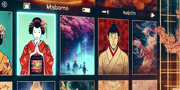 A sophisticated digital interface showcasing vibrant Japanese adult film thumbnails in an inviting, culturally inspired lounge setting.