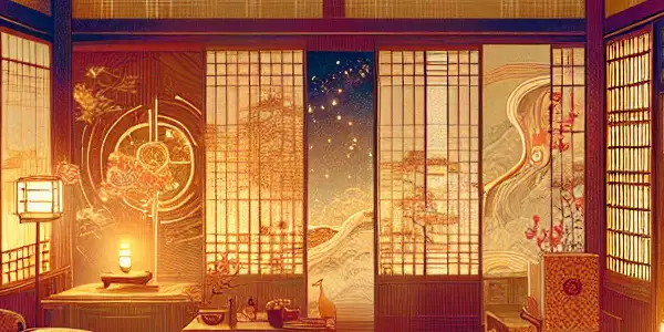 An elegant Japanese room featuring an open ukiyo-e book with intimate illustrations, blending tradition and modernity.