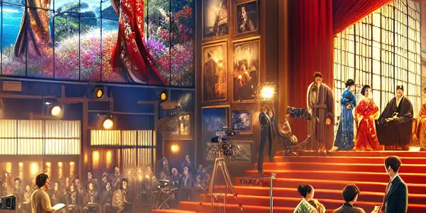 A vibrant film set blending Western and Japanese adult film styles, showcasing actors in diverse costumes and a dedicated crew.