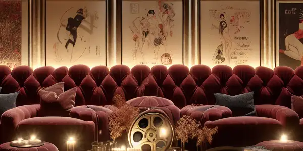 A cozy boutique cinema scene featuring an open book with romantic illustrations, film reels, and classic adult film DVDs.<a href=