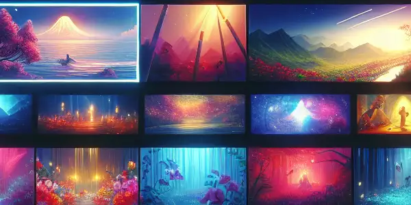 A futuristic digital interface showcasing diverse adult video thumbnails in a vibrant, inviting virtual environment.