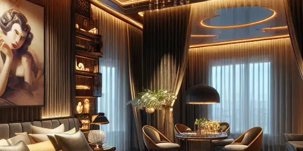 Luxurious hotel room with dim lighting, plush bed, erotic decor, and a classic film projected on the wall.