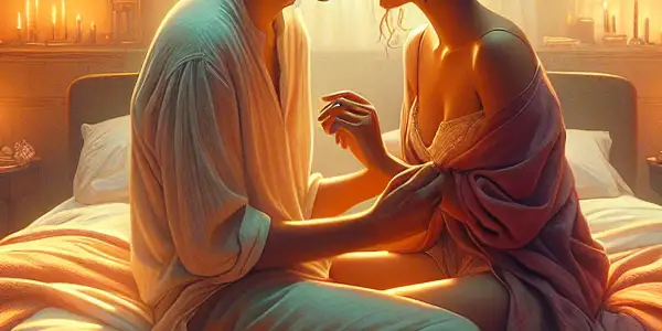 A cozy, romantic bedroom scene featuring a couple sharing a tender moment with soft lighting and intimate details.