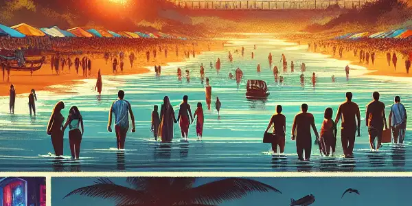 A vibrant scene of India's erotic tourism featuring the Taj Mahal, Goa beach, and Mumbai's nightlife.