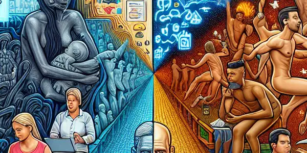 A split landscape contrasting a chaotic digital world of addiction with a vibrant community promoting healthy activities and solidarity.