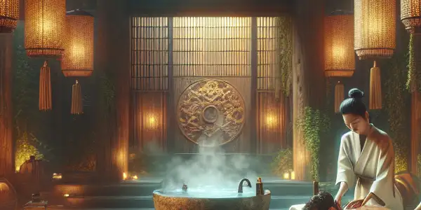 An opulent Japanese bathhouse scene with a serene atmosphere, featuring graceful figures enjoying a soothing massage amidst lush greenery.
