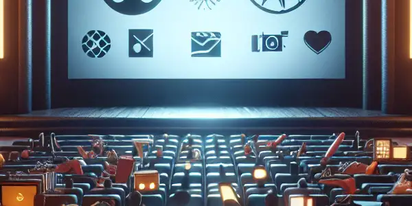 A dimly lit avant-garde cinema with a diverse audience reacting to abstract imagery critiquing traditional adult films.