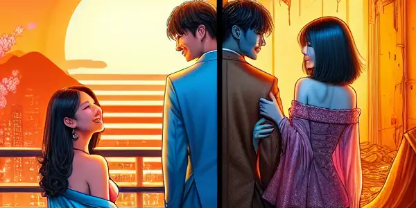 A split-panel image contrasting romantic warmth with chaotic negativity in adult film contexts.